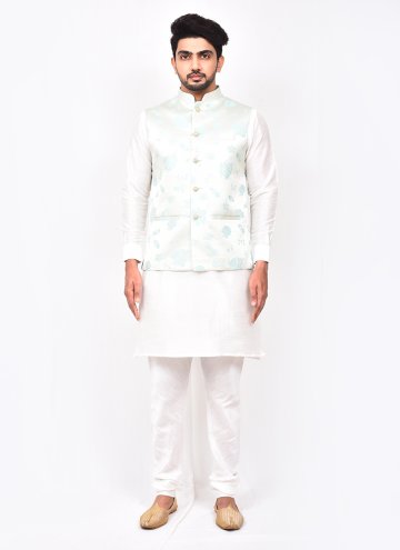 Gratifying White Art Silk Buttons Kurta Payjama With Jacket