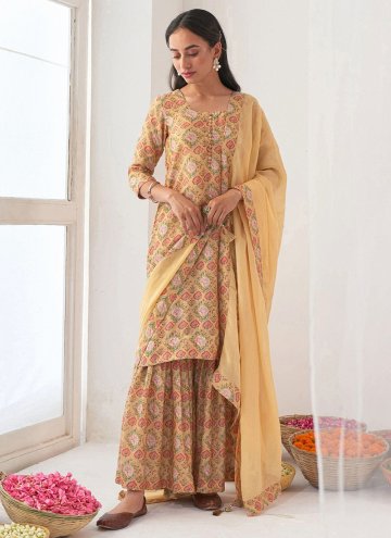 Gratifying Yellow Muslin Floral Print Salwar Suit for Ceremonial