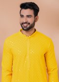 Gratifying Yellow Rayon Embroidered Kurta Pyjama for Engagement - 3
