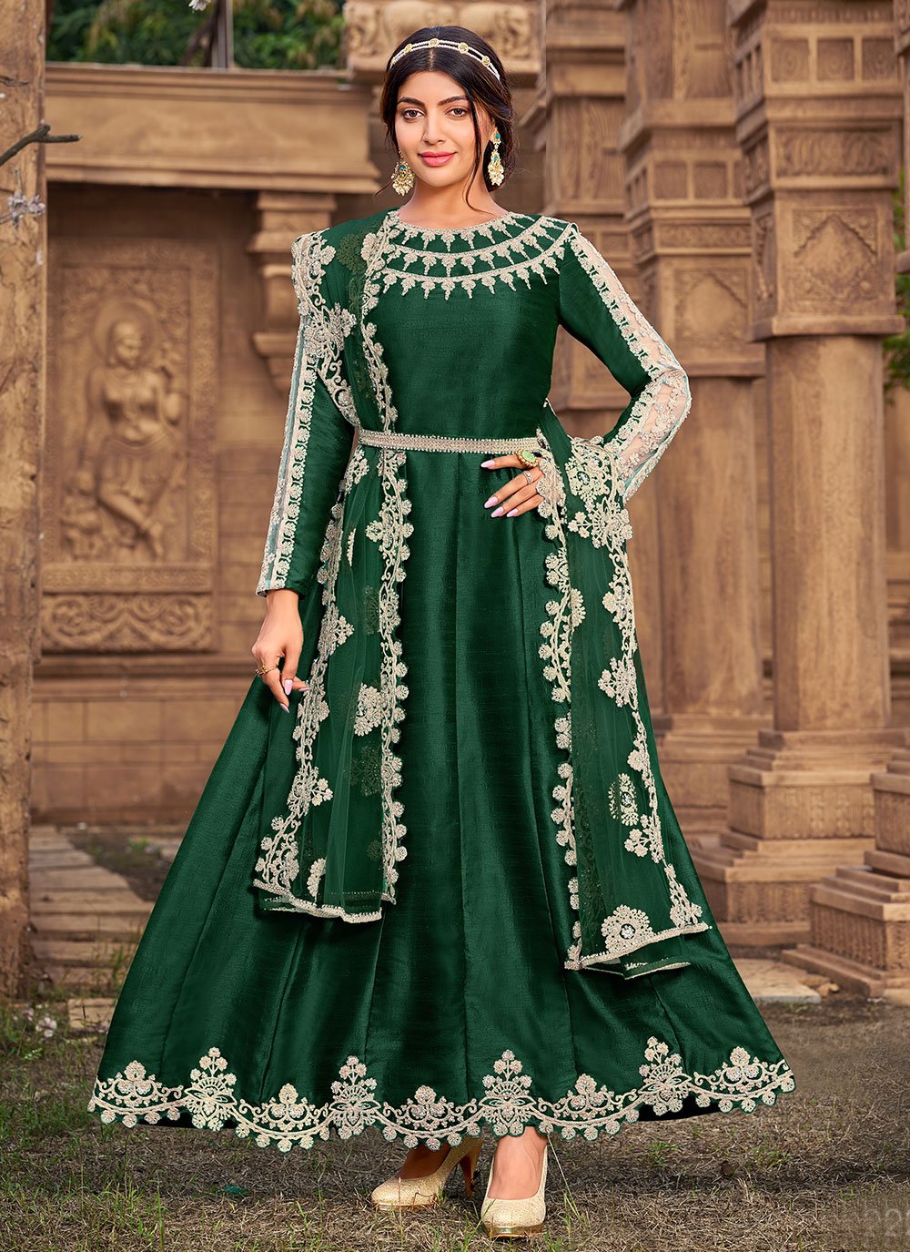 Green Anarkali Salwar Kameez in Silk with Woven
