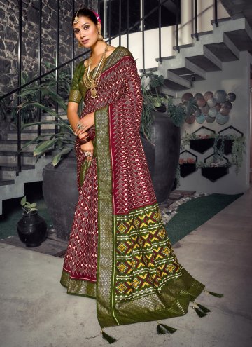 Green and Maroon color Foil Print Tussar Silk Designer Saree