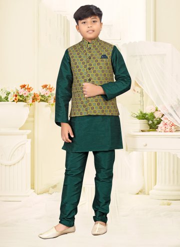 Green and Multi Colour color Jute Kurta Payjama With Jacket with Digital Print