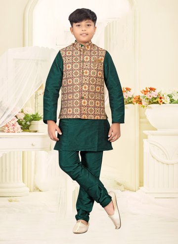 Green and Multi Colour Silk Digital Print Kurta Payjama With Jacket
