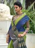 Green and Navy Blue color Checks Silk Classic Designer Saree - 1