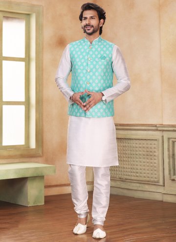 Green and Off White Banarasi Fancy work Kurta Payjama With Jacket