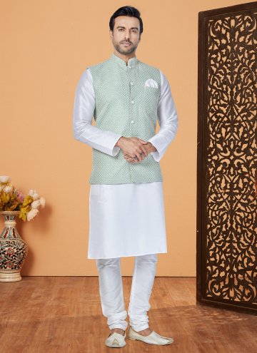 Green and Off White Banarasi Fancy work Kurta Payjama With Jacket for Ceremonial