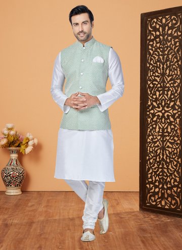 Green and Off White Banarasi Fancy work Kurta Payjama With Jacket for Ceremonial