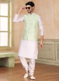 Green and Off White Banarasi Fancy work Kurta Payjama With Jacket for Engagement - 2