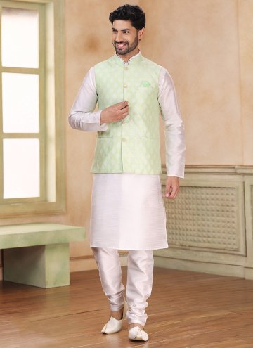 Green and Off White Banarasi Fancy work Kurta Payjama With Jacket for Engagement
