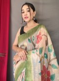 Green and Off White Classic Designer Saree in Chanderi with Digital Print - 1
