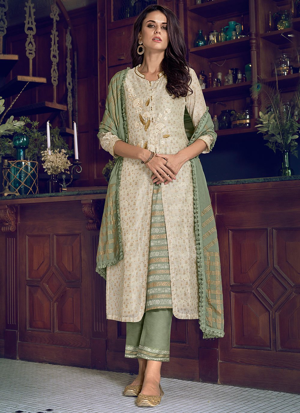 Green and Off White color Chanderi Silk Designer Suit with Embroidered