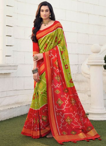 Green and Orange color Silk Designer Saree with Border