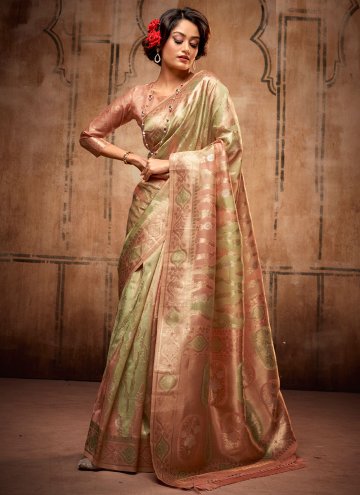 Green and Peach Contemporary Saree in Organza with Woven