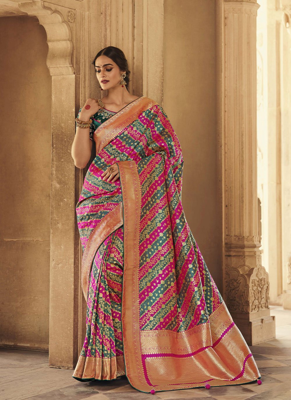 Green and Pink color Silk Designer Traditional Saree with Woven