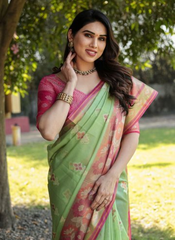 Green and Pink Organza Woven Classic Designer Saree for Mehndi