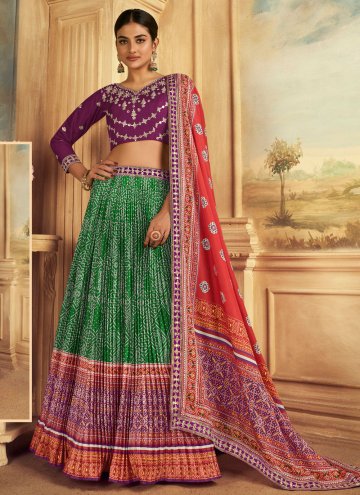 Green and Purple A Line Lehenga Choli in Silk with Embroidered