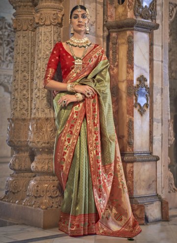 Green and Red Banarasi Woven Contemporary Saree fo