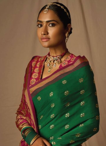 Green and Red Contemporary Saree in Brasso with Woven