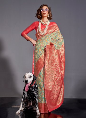 Green and Red Contemporary Saree in Handloom Silk with Woven