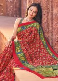 Green and Red Faux Crepe Printed Classic Designer Saree for Ceremonial - 1