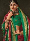Green and Red Silk Foil Print Classic Designer Saree for Ceremonial - 1