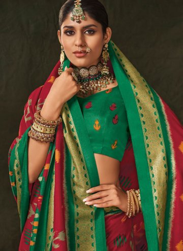 Green and Red Silk Foil Print Classic Designer Saree for Ceremonial