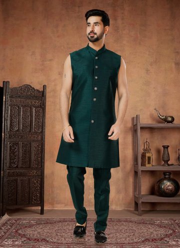 Green and Silver Indo Western in Jacquard with Embroidered