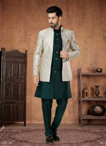 Green and Silver Indo Western in Jacquard with Embroidered