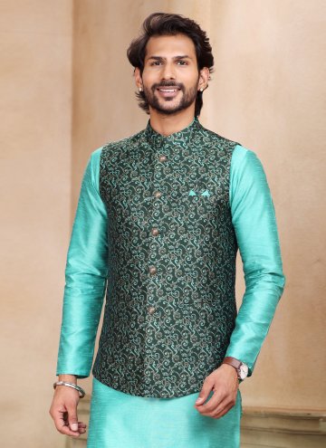 Green and Turquoise Jacquard Silk Fancy work Kurta Payjama With Jacket for Ceremonial