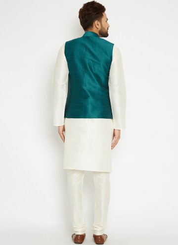 Green and White Art Dupion Silk Fancy work Kurta Payjama With Jacket for Ceremonial