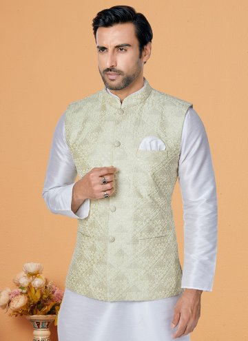 Green and White Banarasi Fancy work Kurta Payjama With Jacket