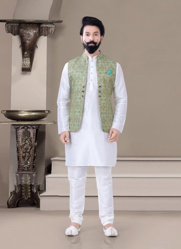 Green and White Silk Printed Kurta Payjama With Jacket for Ceremonial