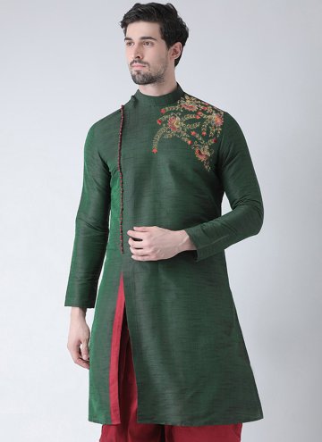 Green Angarkha in Art Dupion Silk with Embroidered