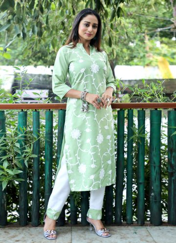 Green Blended Cotton Embroidered Pant Style Suit f