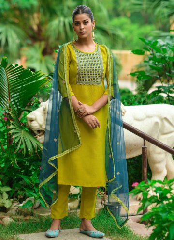 Green Chanderi Cotton Embroidered Trendy Salwar Suit for Festival