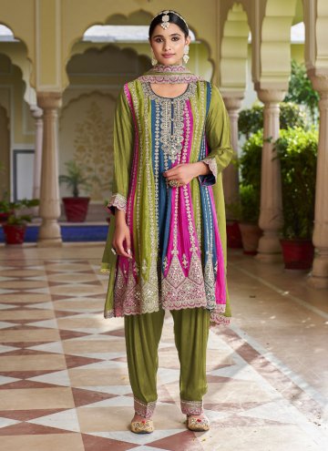 Green Chinon Embroidered Salwar Suit