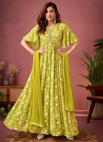 Green Chinon Printed Designer Gown for Ceremonial