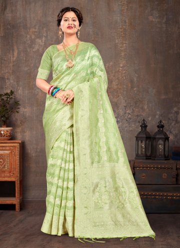 Green Classic Designer Saree in Cotton  with Fancy