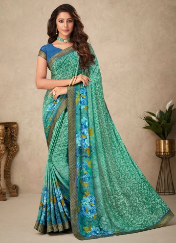 Green Classic Designer Saree in Crepe Silk with Fl