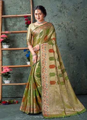 Green Classic Designer Saree in Organza with Woven