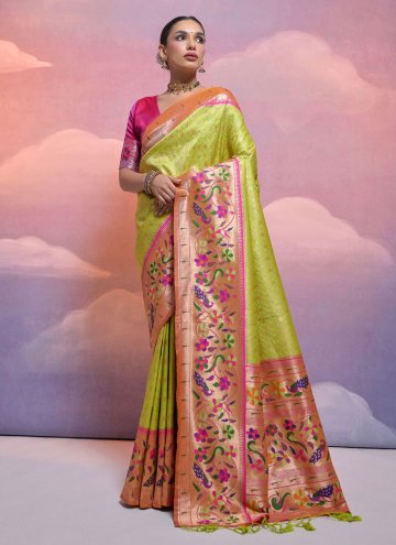 Green Classic Designer Saree in Silk with Meenakari