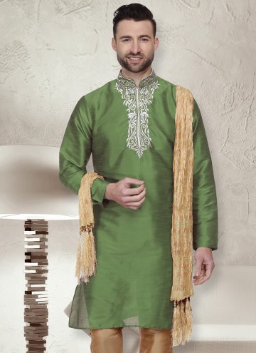 Green color Art Dupion Silk Kurta with Embroidered
