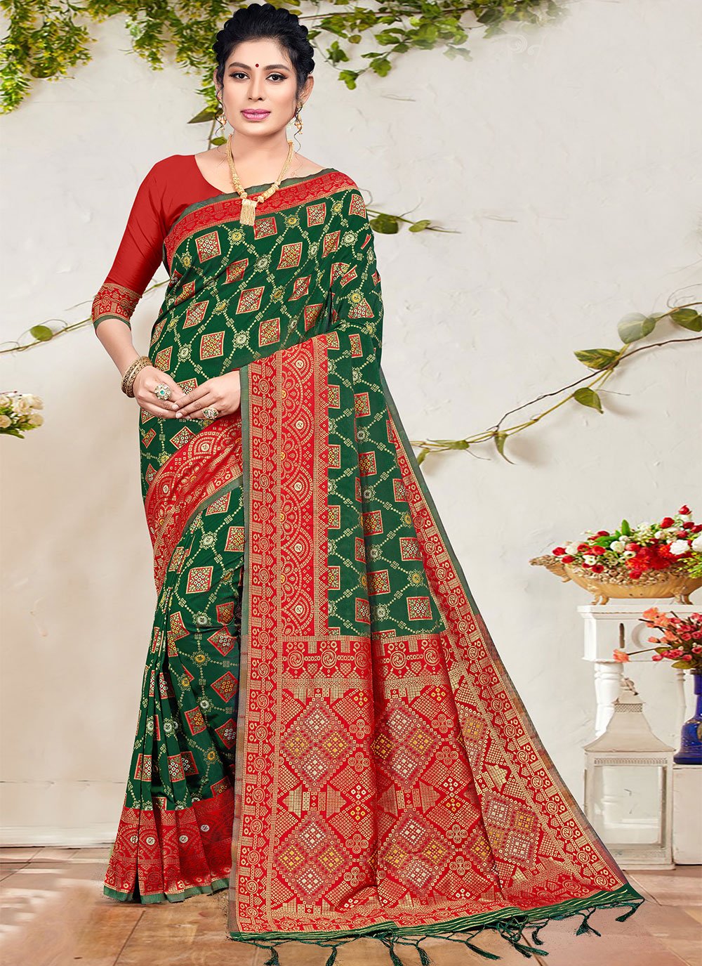 Green color Banarasi Designer Traditional Saree with Woven