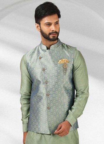 Green color Banarasi Kurta Payjama With Jacket with Embroidered