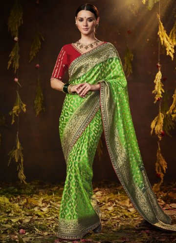 Green color Bandhej Print Silk Designer Saree