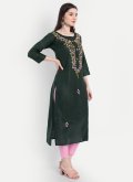 Green color Blended Cotton Designer Kurti with Embroidered - 3