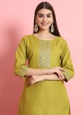 Green color Blended Cotton Salwar Suit with Embroidered - 1