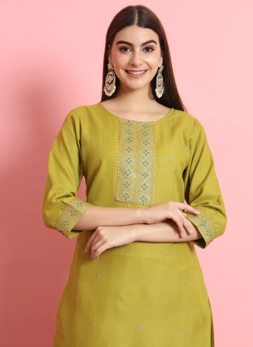 Green color Blended Cotton Salwar Suit with Embroidered