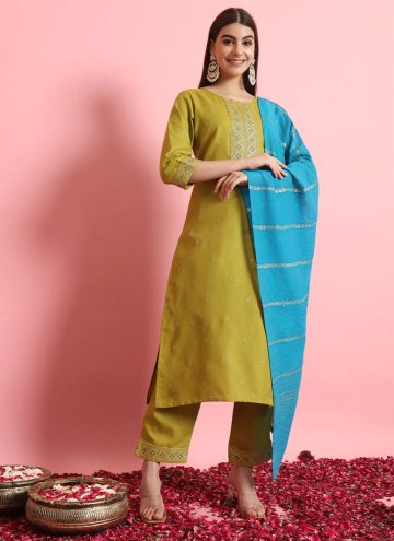 Green color Blended Cotton Salwar Suit with Embroi