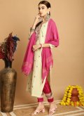 Green color Chanderi Pant Style Suit with Embroidered - 1